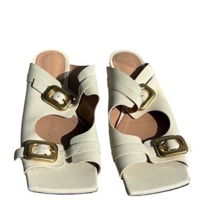 Bottega Veneta Cream Mules with Gold Buckles